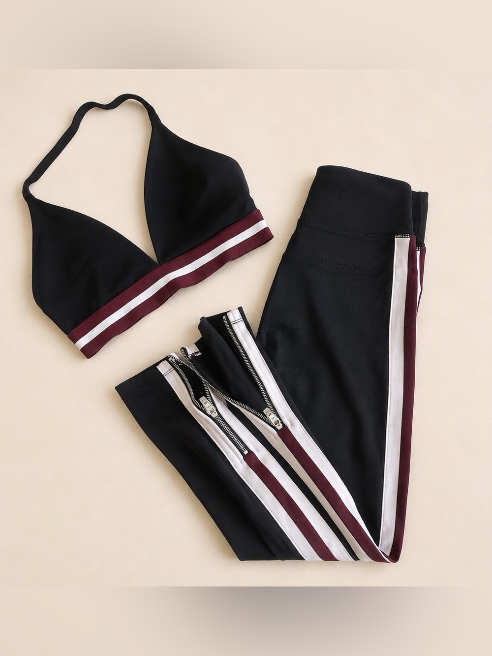 Spiritual Gangster Black Leggings with Burgundy & White Side Stripes